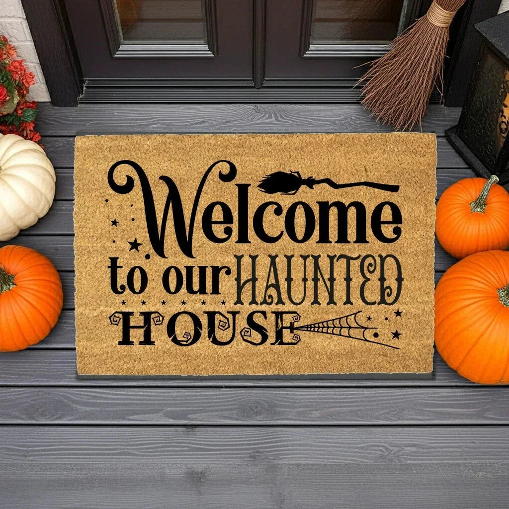 Welcome to Our Haunted House Coir Doormat – Witchy Halloween Welcome Mat | Spooky Fall Front Porch Decor | Rustic Farmhouse Entry Rug