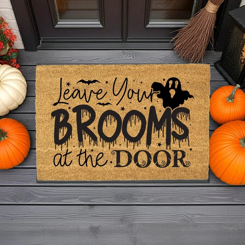 Leave Your Brooms at the Door Coir Doormat – Funny Witch Halloween Welcome Mat | Spooky Fall Front Porch Decor | Rustic Outdoor Entry Rug
