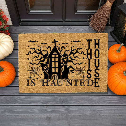 This House Is Haunted Coir Doormat – Haunted House Halloween Welcome Mat | Spooky Front Porch Decor | Rustic Fall Entryway Rug