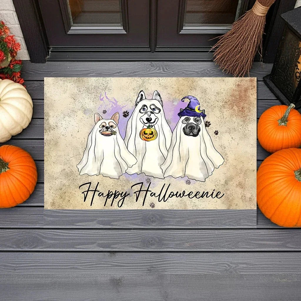Happy Halloweenie Dog Doormat – Funny Ghost Dogs Welcome Mat – Cute Spooky Fall Décor for Dog Lovers