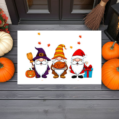 Holiday Gnome Trio Doormat – Halloween, Thanksgiving & Christmas All-in-One Welcome Mat – Cute Seasonal Full-Color Entry Rug