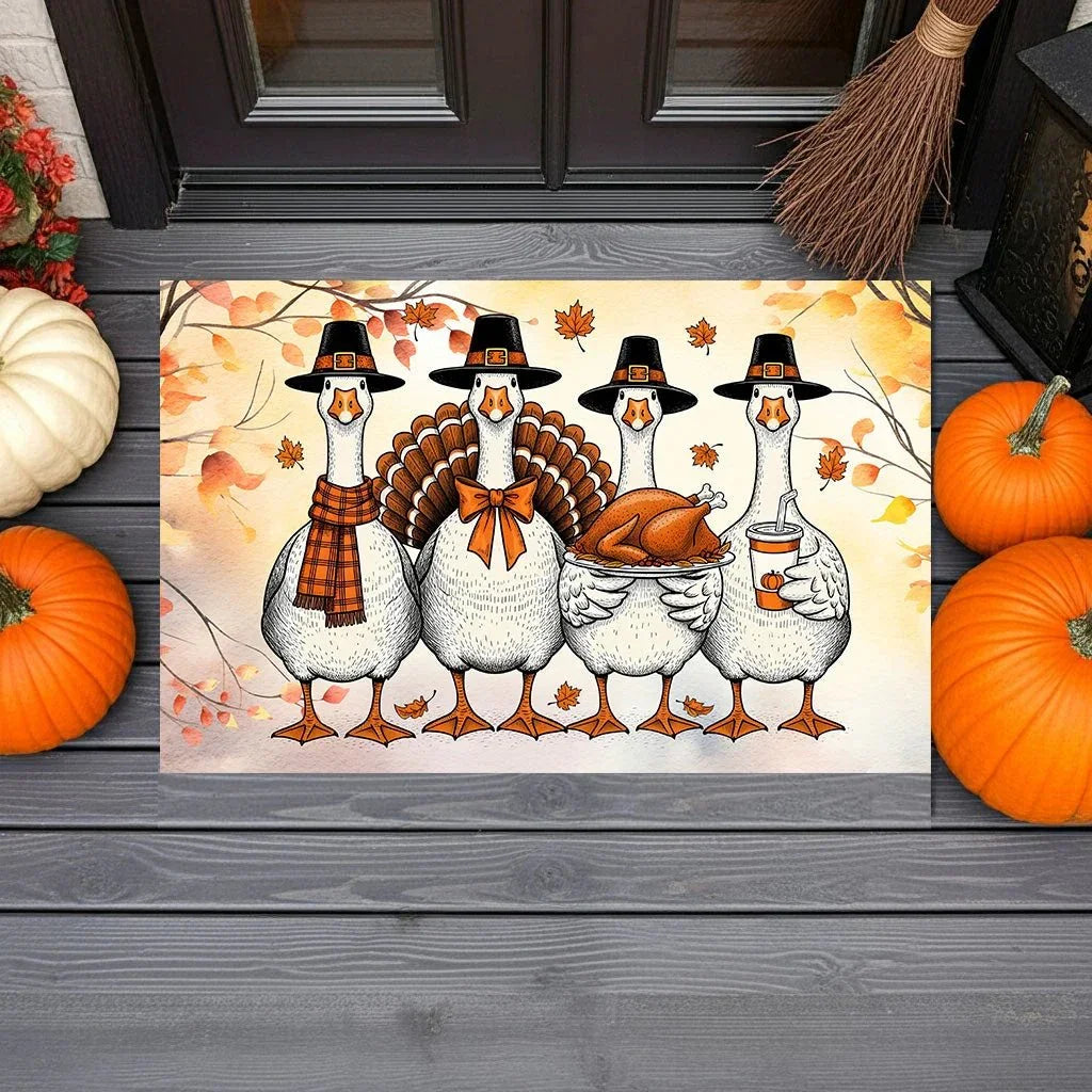 Thanksgiving Goose Family Doormat – Funny Fall Welcome Mat with Pilgrim Geese, Turkey, and Pumpkin Latte – Autumn Front Porch Décor