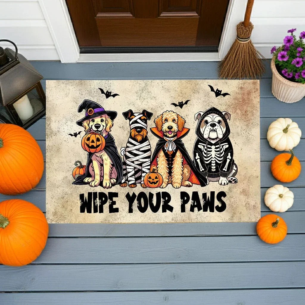 Wipe Your Paws Halloween Doormat – Cute Dogs in Costumes Welcome Mat – Funny Spooky Fall Decor for Dog Lovers