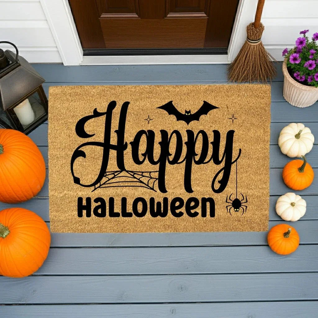 Happy Halloween Doormat – Spider & Bat Outdoor Coir Mat for Porch Décor