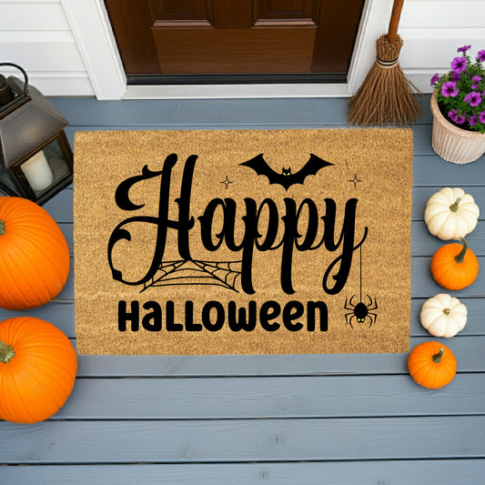 Happy Halloween Doormat – Spider & Bat Outdoor Coir Mat for Porch Décor - Mallard Moon