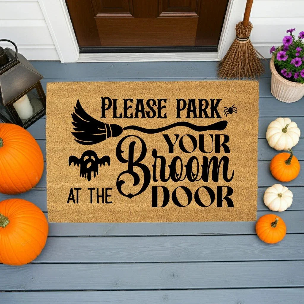 Please Park Your Broom at the Door Coir Doormat – Witchy Halloween Welcome Mat | Funny Fall Porch Decor | Rustic Farmhouse Entryway Rug