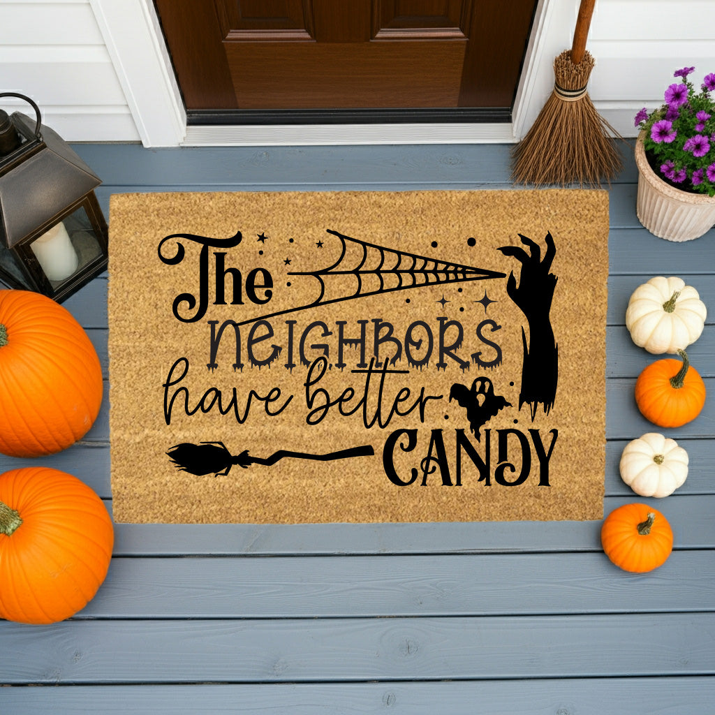 The Neighbors Have Better Candy Halloween Coir Doormat – Funny Spooky Front Porch Decor | Trick or Treat Welcome Mat | Haunted House Entry Rug - Mallard Moon