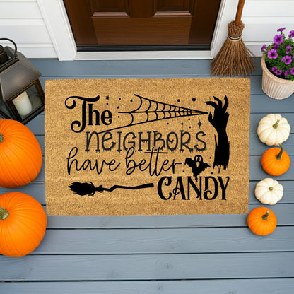 The Neighbors Have Better Candy Halloween Coir Doormat – Funny Spooky Front Porch Decor | Trick or Treat Welcome Mat | Haunted House Entry Rug - Mallard Moon