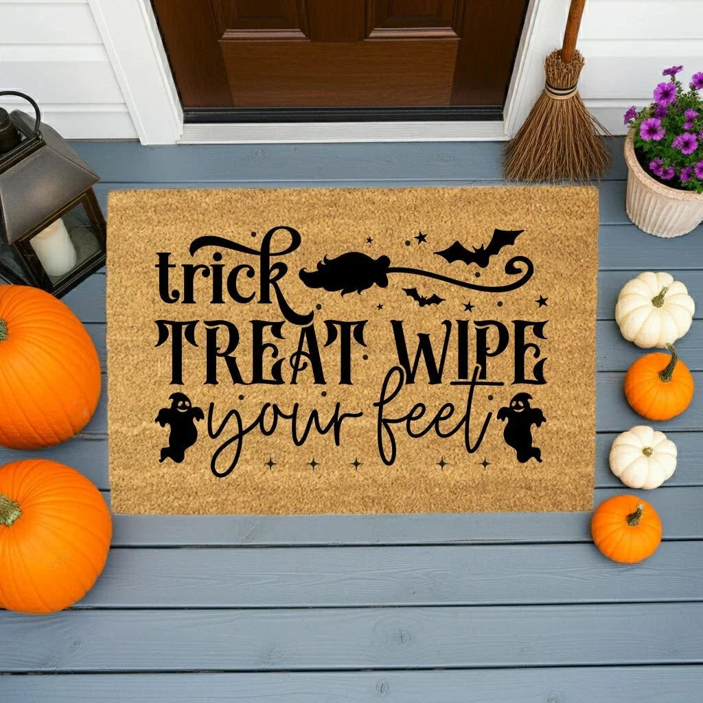 Trick, Treat, Wipe Your Feet Coir Doormat – Funny Halloween Welcome Mat | Spooky Ghost and Bat Porch Decor | Rustic Fall Entryway Rug