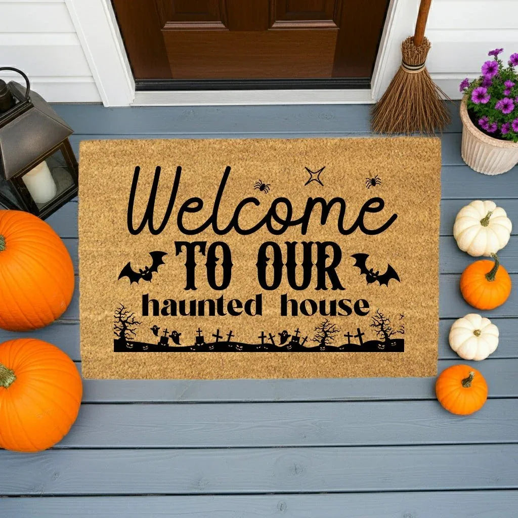 Welcome to Our Haunted House Coir Doormat – Spooky Halloween Welcome Mat | Rustic Haunted Porch Decor | Funny Fall Entryway Rug