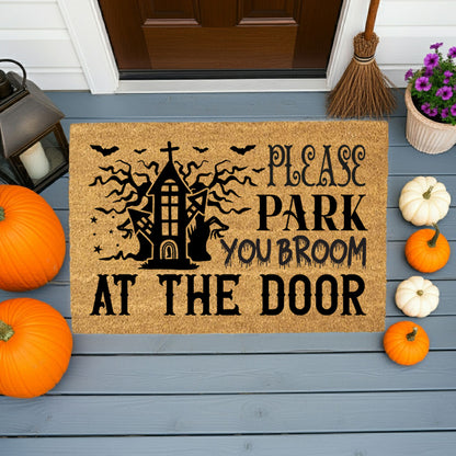 Please Park Your Broom at the Door Coir Doormat – Funny Witch Halloween Welcome Mat | Haunted House Front Porch Decor | Spooky Fall Entry Rug