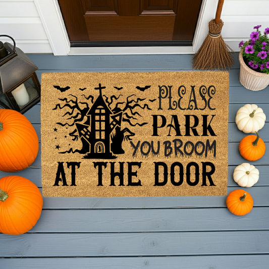 Please Park Your Broom at the Door Coir Doormat – Funny Witch Halloween Welcome Mat | Haunted House Front Porch Decor | Spooky Fall Entry Rug