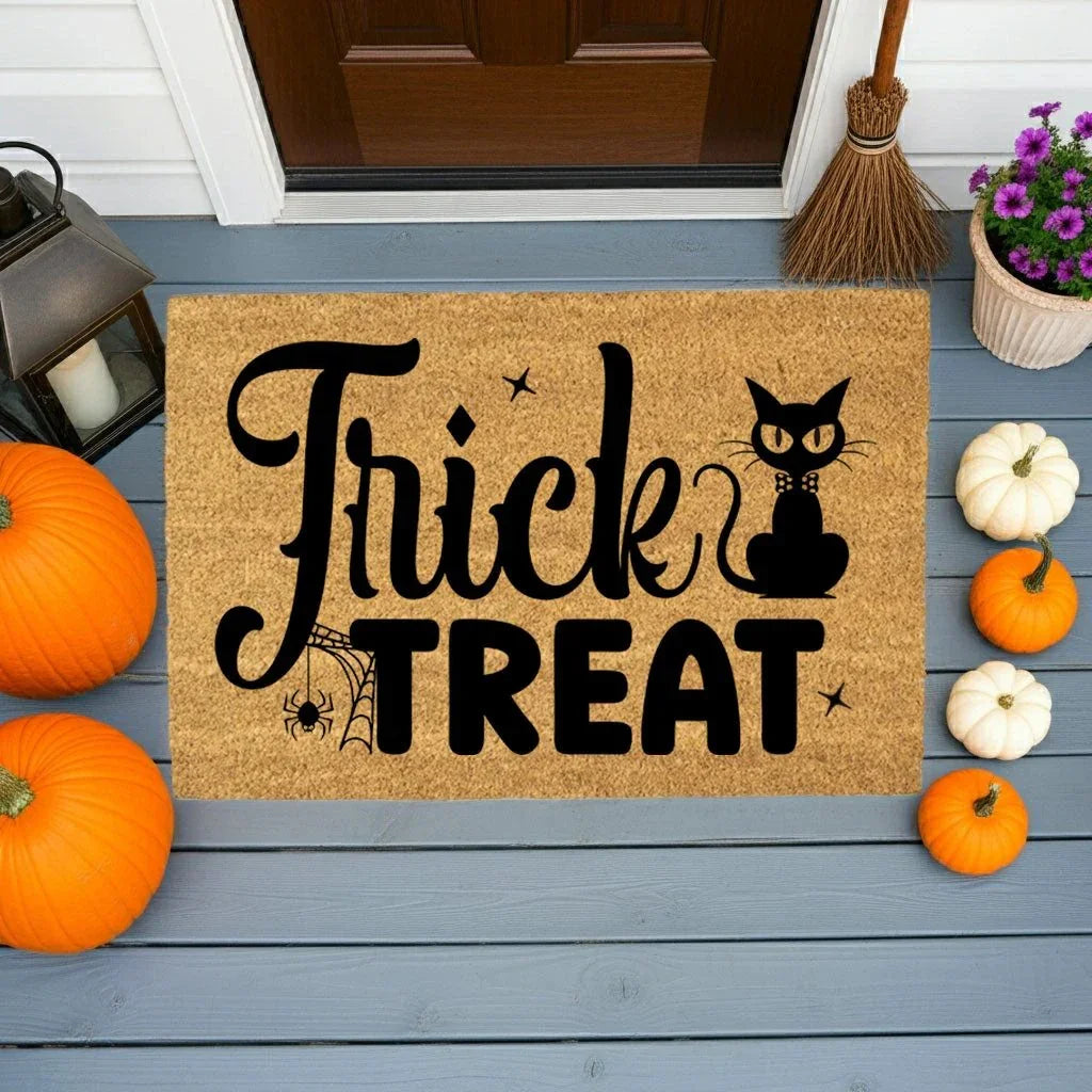 Trick or Treat Coir Doormat – Cute Black Cat Halloween Welcome Mat | Spooky Front Porch Decor | Rustic Fall Entryway Rug