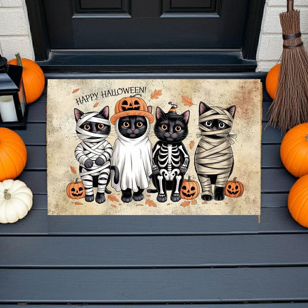 Happy Halloween Cat Doormat – Cute Black Cats in Costumes Welcome Mat – Funny Spooky Fall Décor for Cat Lovers