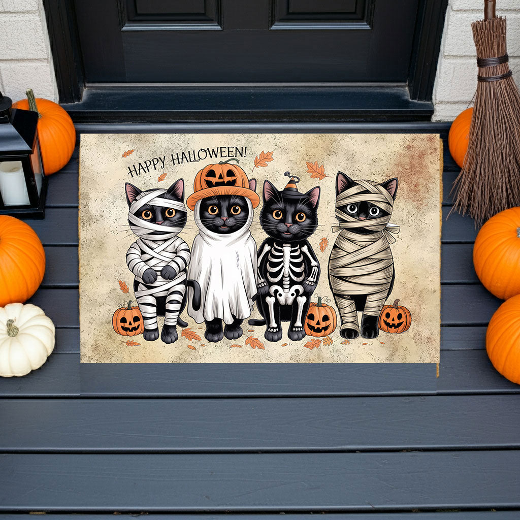 Happy Halloween Cat Doormat – Cute Black Cats in Costumes Welcome Mat – Funny Spooky Fall Décor for Cat Lovers - Mallard Moon