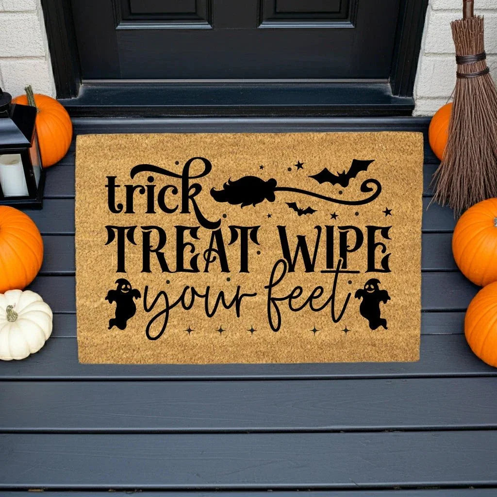 Trick, Treat, Wipe Your Feet Coir Doormat – Funny Halloween Welcome Mat | Spooky Ghost and Bat Porch Decor | Rustic Fall Entryway Rug