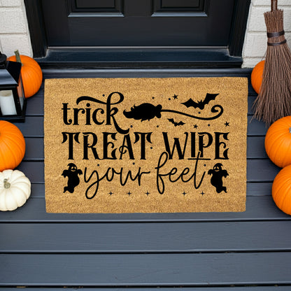 Trick, Treat, Wipe Your Feet Coir Doormat – Funny Halloween Welcome Mat | Spooky Ghost and Bat Porch Decor | Rustic Fall Entryway Rug - Mallard Moon