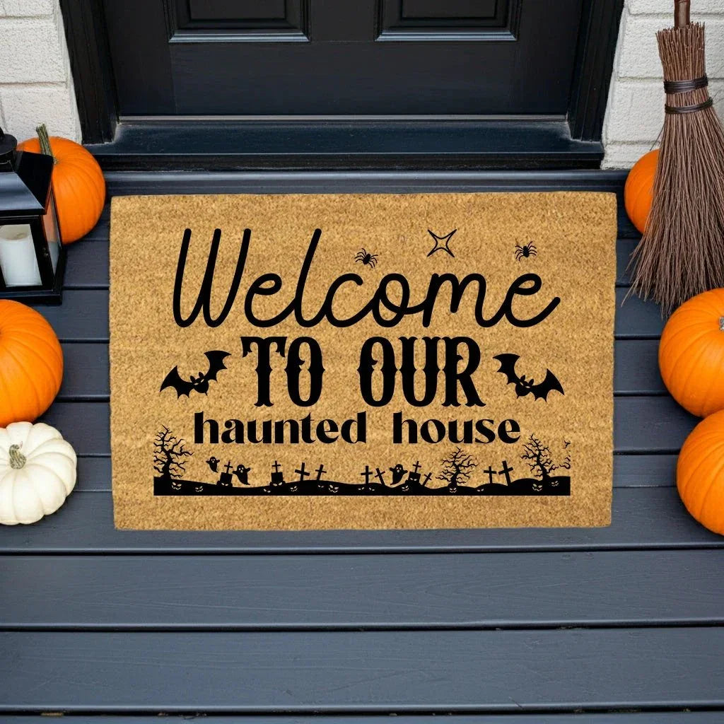 Welcome to Our Haunted House Coir Doormat – Spooky Halloween Welcome Mat | Rustic Haunted Porch Decor | Funny Fall Entryway Rug