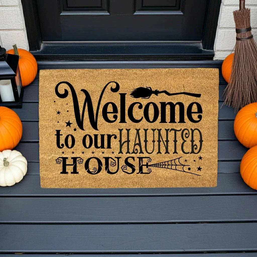 Welcome to Our Haunted House Coir Doormat – Witchy Halloween Welcome Mat | Spooky Fall Front Porch Decor | Rustic Farmhouse Entry Rug