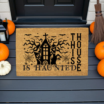 This House Is Haunted Coir Doormat – Haunted House Halloween Welcome Mat | Spooky Front Porch Decor | Rustic Fall Entryway Rug