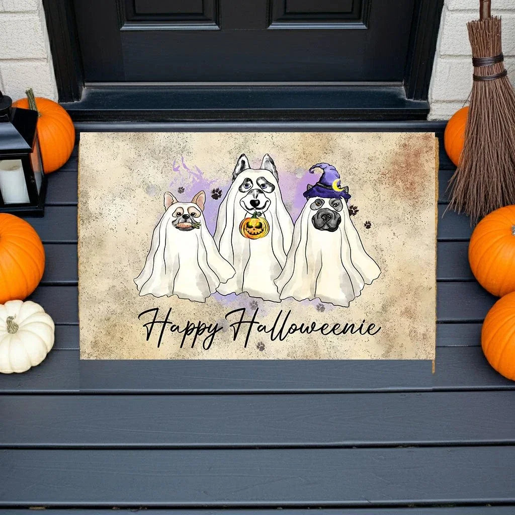 Happy Halloweenie Dog Doormat – Funny Ghost Dogs Welcome Mat – Cute Spooky Fall Décor for Dog Lovers
