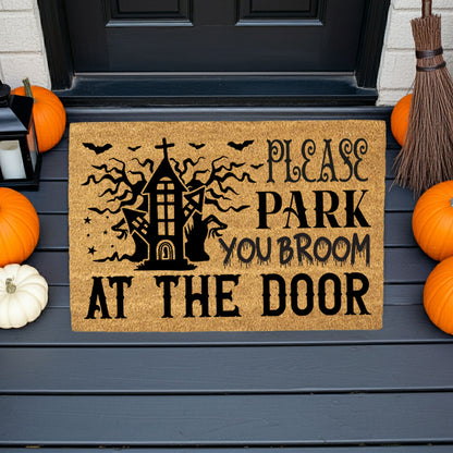 Please Park Your Broom at the Door Coir Doormat – Funny Witch Halloween Welcome Mat | Haunted House Front Porch Decor | Spooky Fall Entry Rug