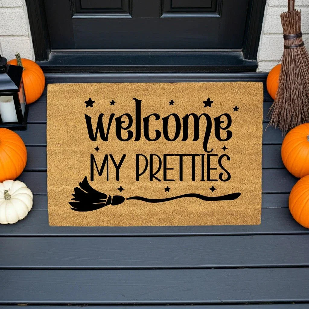 Welcome My Pretties Coir Doormat – Witchy Halloween Welcome Mat | Funny Front Porch Decor | Rustic Fall Entryway Rug