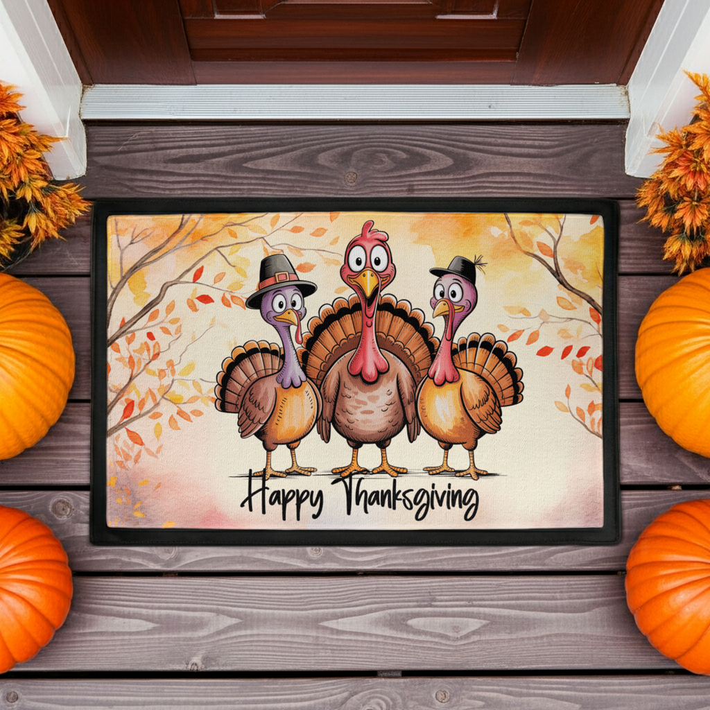 Happy Thanksgiving Turkey Doormat – Funny Fall Welcome Mat with Cartoon Turkeys & Autumn Leaves – Full-Color Entry Rug for Holiday Decor - Mallard Moon