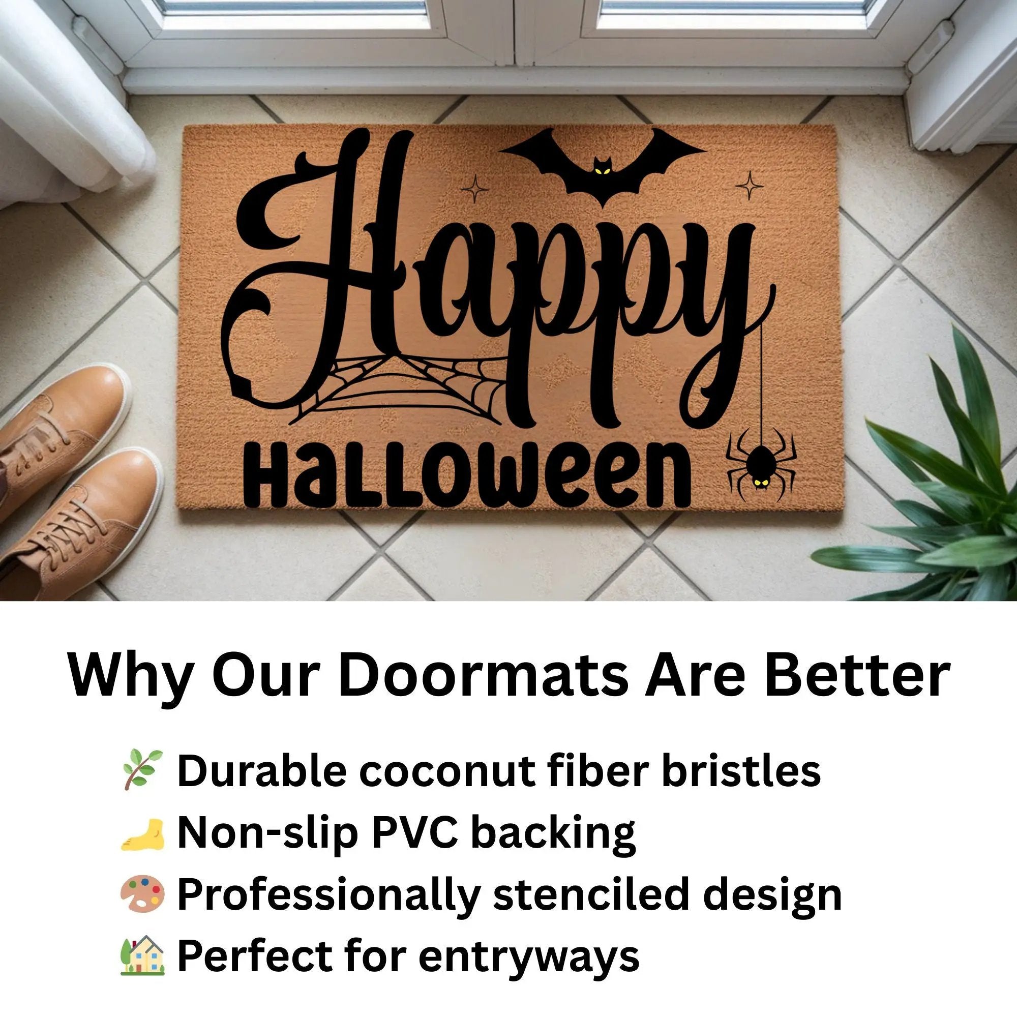 Happy Halloween Doormat – Spider & Bat Outdoor Coir Mat for Porch Décor
