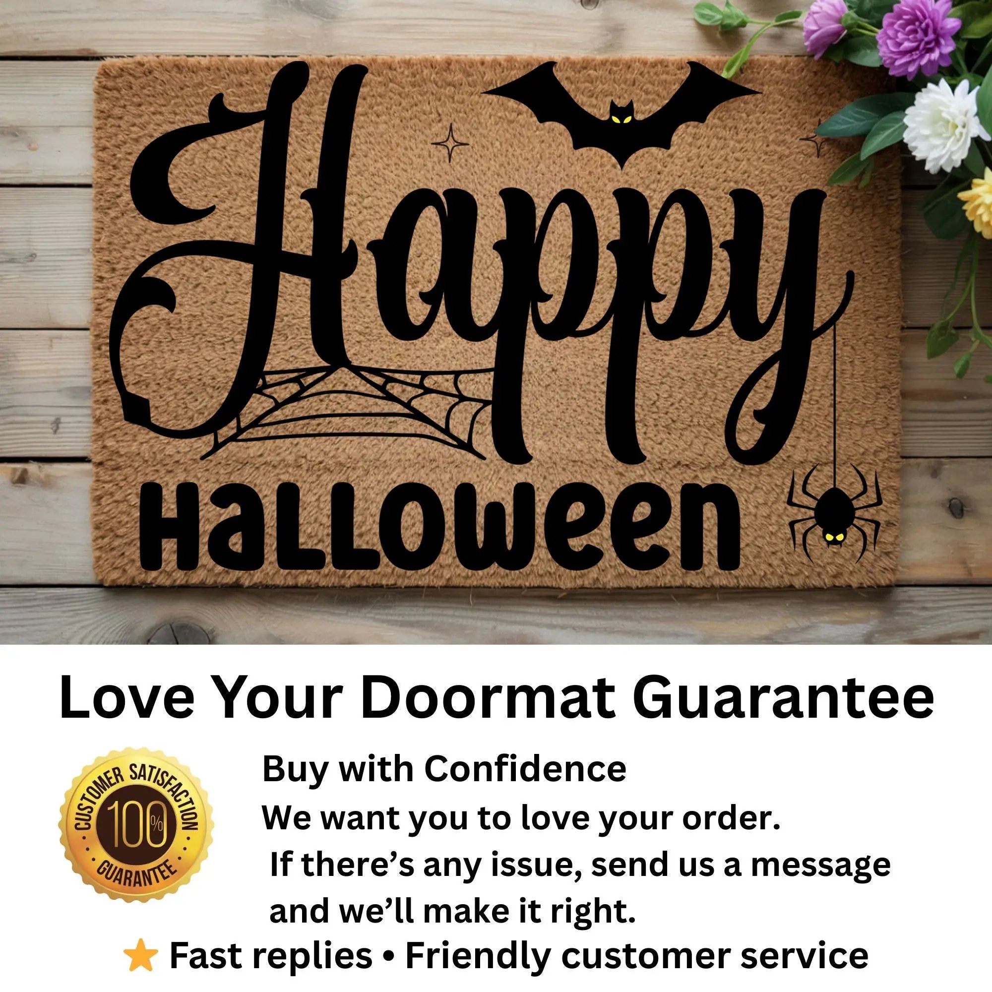 Happy Halloween Doormat – Spider & Bat Outdoor Coir Mat for Porch Décor
