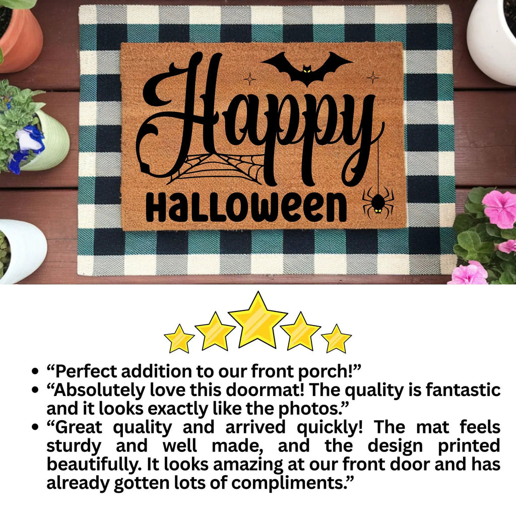 Happy Halloween Doormat – Spider & Bat Outdoor Coir Mat for Porch Décor