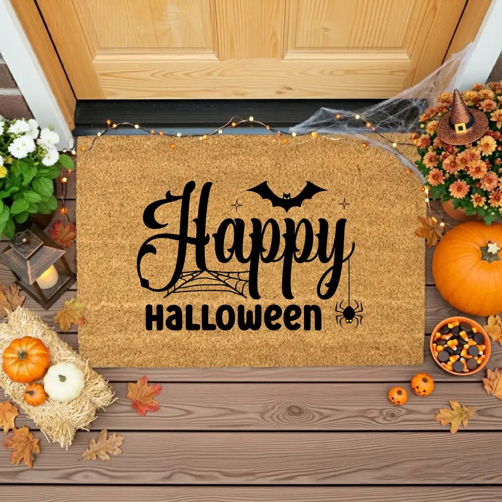 Happy Halloween Doormat – Spider & Bat Outdoor Coir Mat for Porch Décor