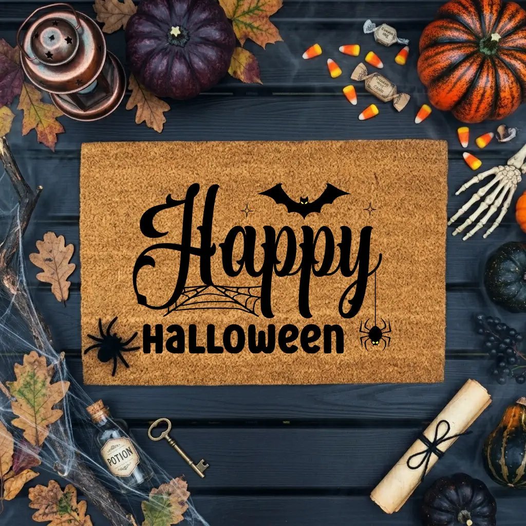 Happy Halloween Doormat – Spider & Bat Outdoor Coir Mat for Porch Décor