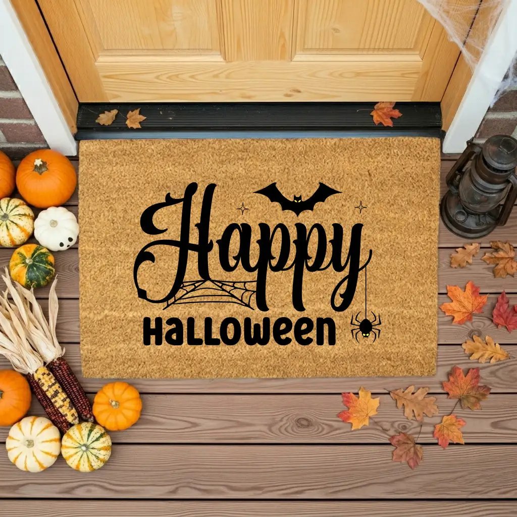 Happy Halloween Doormat – Spider & Bat Outdoor Coir Mat for Porch Décor