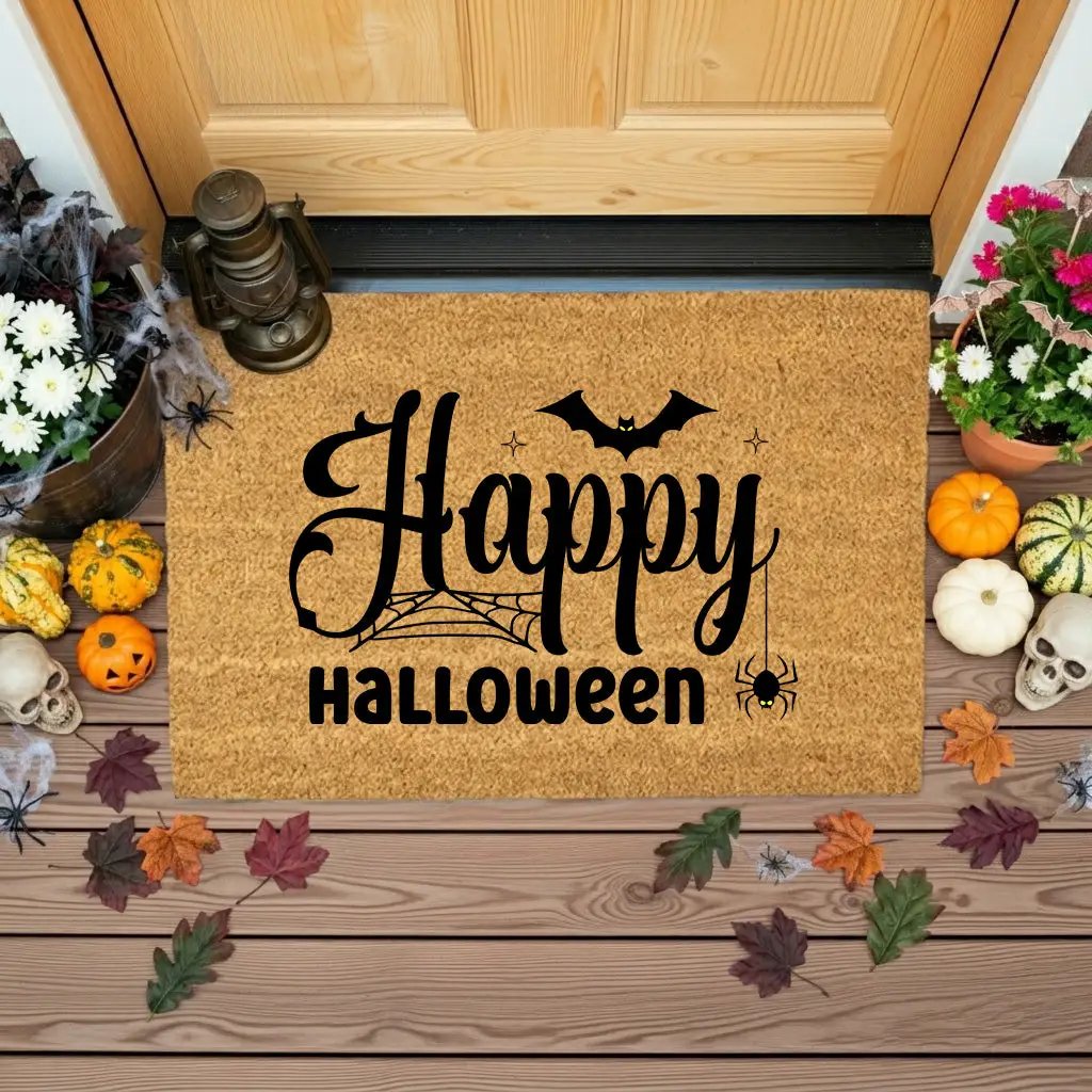 Happy Halloween Doormat – Spider & Bat Outdoor Coir Mat for Porch Décor