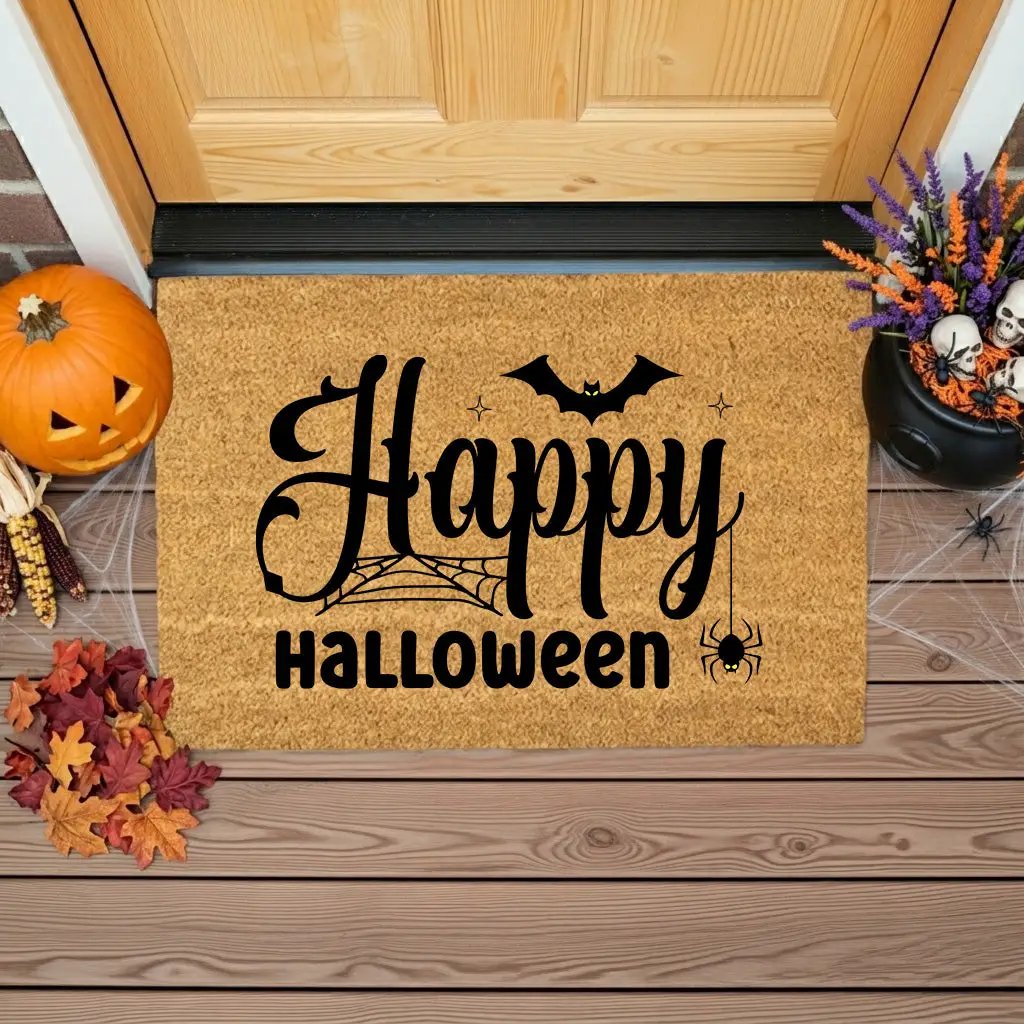 Happy Halloween Doormat – Spider & Bat Outdoor Coir Mat for Porch Décor