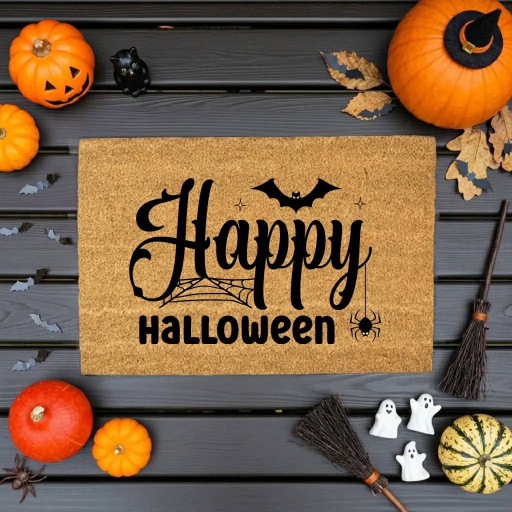 Happy Halloween Doormat – Spider & Bat Outdoor Coir Mat for Porch Décor