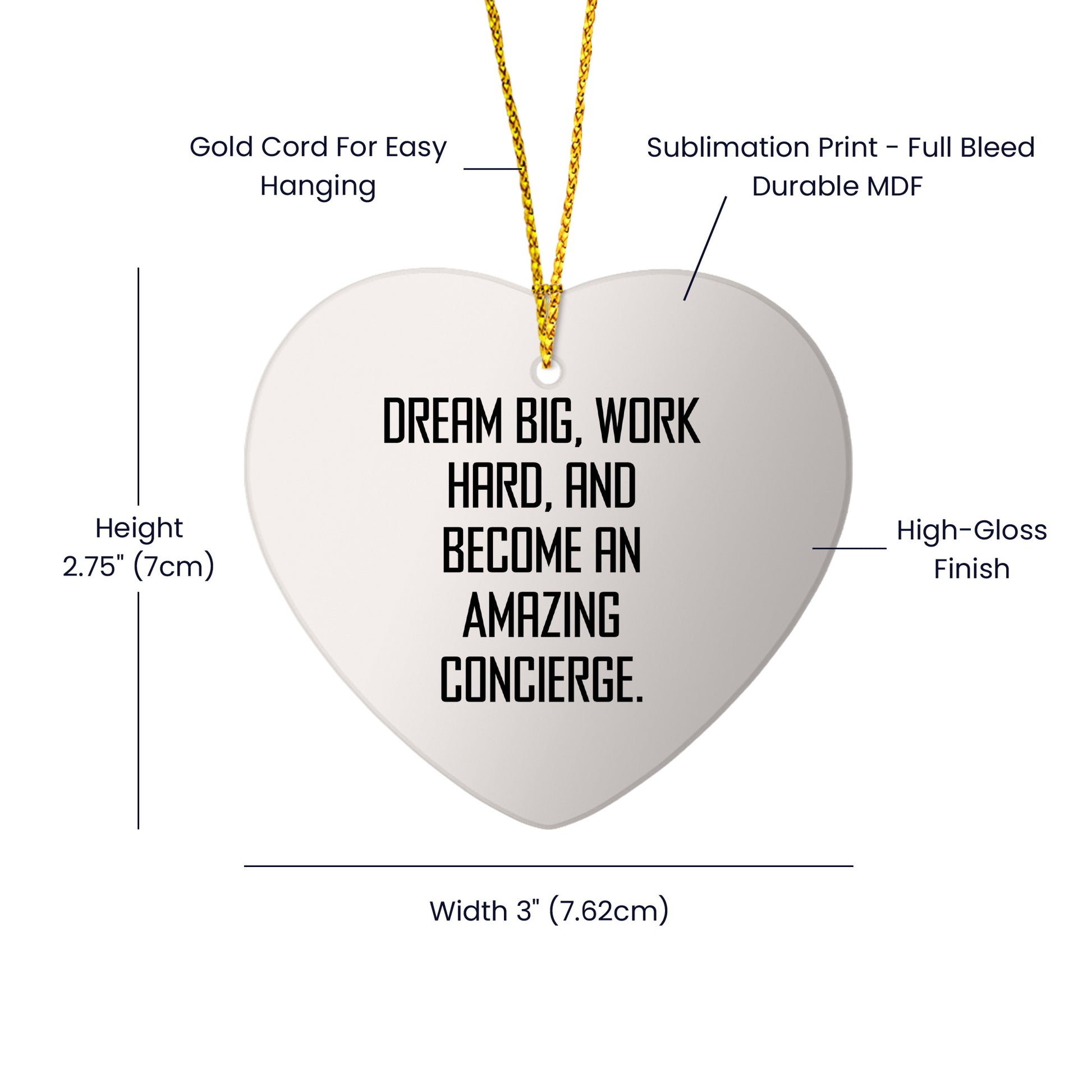 Concierge Heart Ornament with Inspirational Quote -Dreams Big, Works Hard, and Becomes an Amazing Concierge - Unique Christmas Gift - Mallard Moon