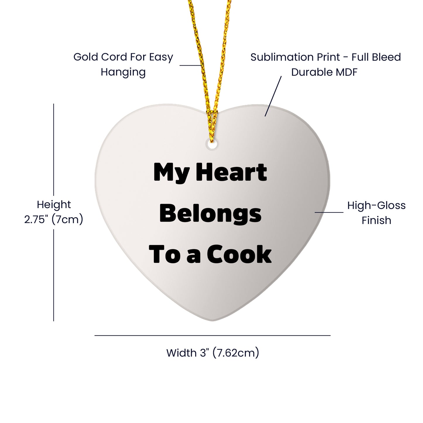 Funny Cook Gifts from Friends - My Heart Belongs To A Cook Heart Ornament, Unique Christmas Unique Gifts for Cook, Heart-Shaped Ornament with Gold Cord