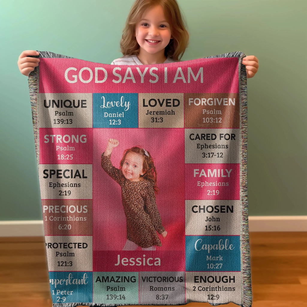 God Says I Am Personalized Woven Blanket – Custom Name & Photo – Christian Throw Blanket with Bible Verses – Faith Gift for Daughter, Granddaughter, Niece, or Goddaughter