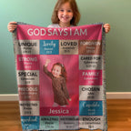 God Says I Am Personalized Woven Blanket – Custom Name & Photo – Christian Throw Blanket with Bible Verses – Faith Gift for Daughter, Granddaughter, Niece, or Goddaughter