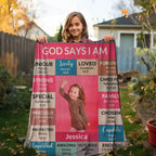 God Says I Am Personalized Woven Blanket – Custom Name & Photo – Christian Throw Blanket with Bible Verses – Faith Gift for Daughter, Granddaughter, Niece, or Goddaughter