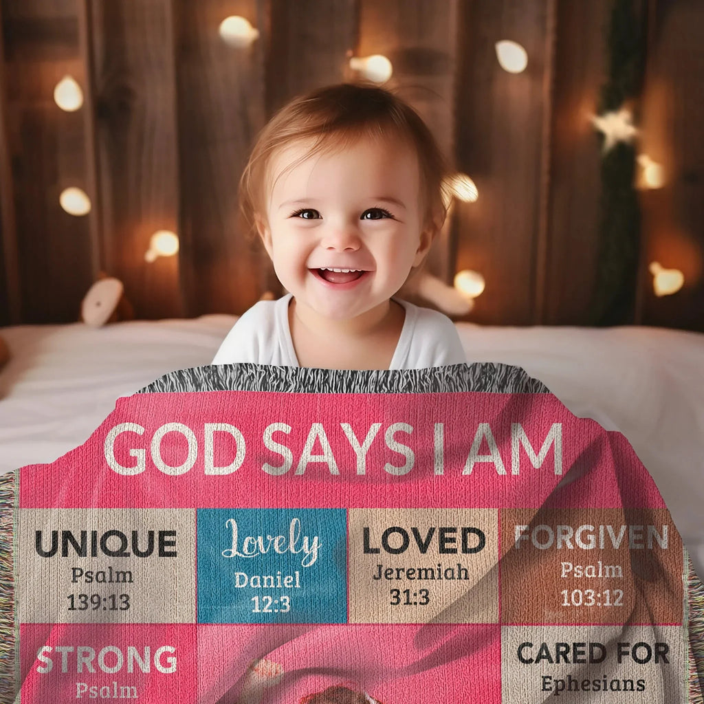 God Says I Am Personalized Woven Blanket – Custom Name & Photo – Christian Throw Blanket with Bible Verses – Faith Gift for Daughter, Granddaughter, Niece, or Goddaughter