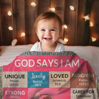 God Says I Am Personalized Woven Blanket – Custom Name & Photo – Christian Throw Blanket with Bible Verses – Faith Gift for Daughter, Granddaughter, Niece, or Goddaughter