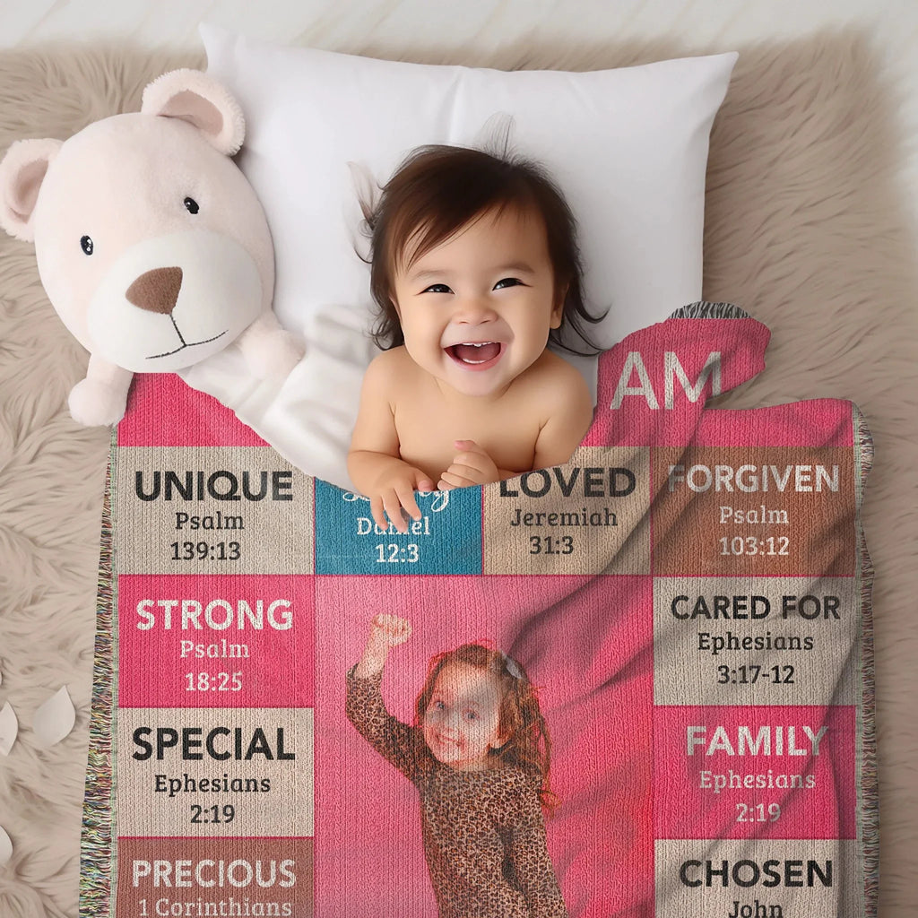 God Says I Am Personalized Woven Blanket – Custom Name & Photo – Christian Throw Blanket with Bible Verses – Faith Gift for Daughter, Granddaughter, Niece, or Goddaughter