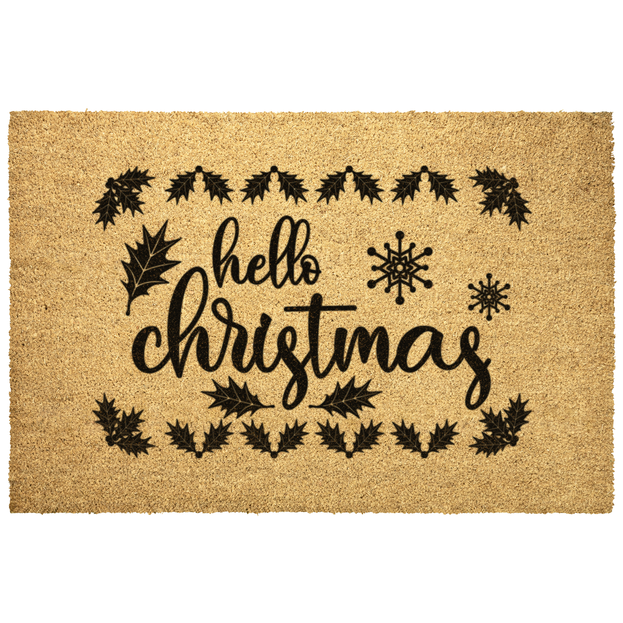 Hello Christmas Holiday Doormat | Festive Coir Welcome Mat with Holly & Snowflake Design | Rustic Farmhouse Front Porch Décor