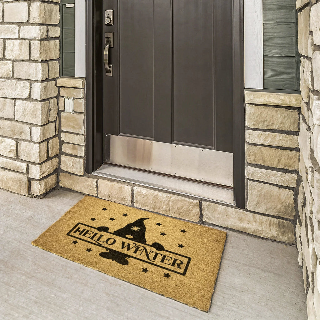 Hello Winter Gnome Doormat – Festive Coir Welcome Mat | Cute Scandinavian Holiday Porch Décor | Rustic Winter Entryway Rug