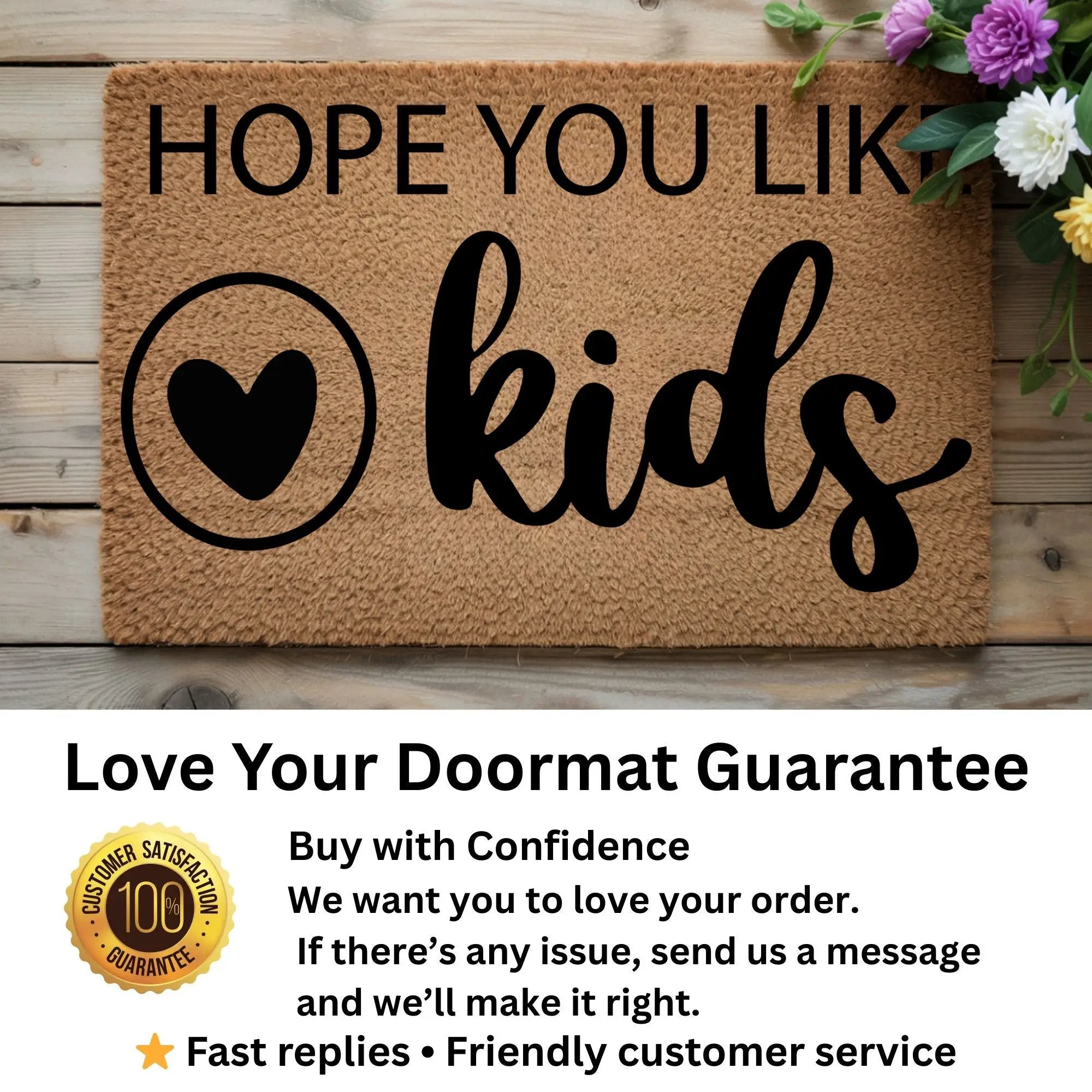 Funny Family Doormat – “Hope You Like Kids” | Coir Welcome Mat with Heart Design | Family Home Entryway Décor | Perfect Gift for Parents