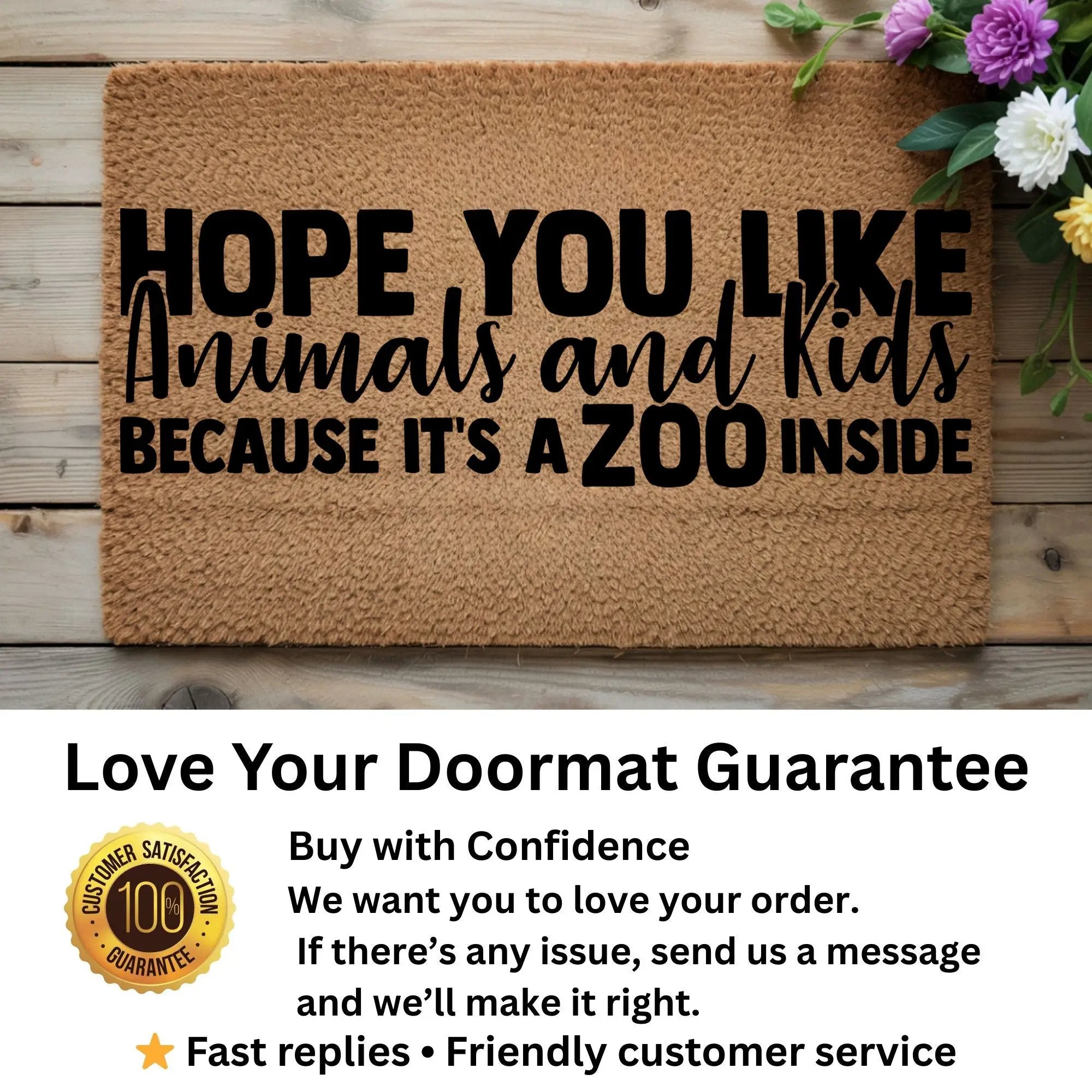 Funny Family Doormat – “Hope You Like Animals and Kids Because It’s a Zoo Inside” | Coir Welcome Mat for Busy Homes | Pet & Kid Lover Porch Décor