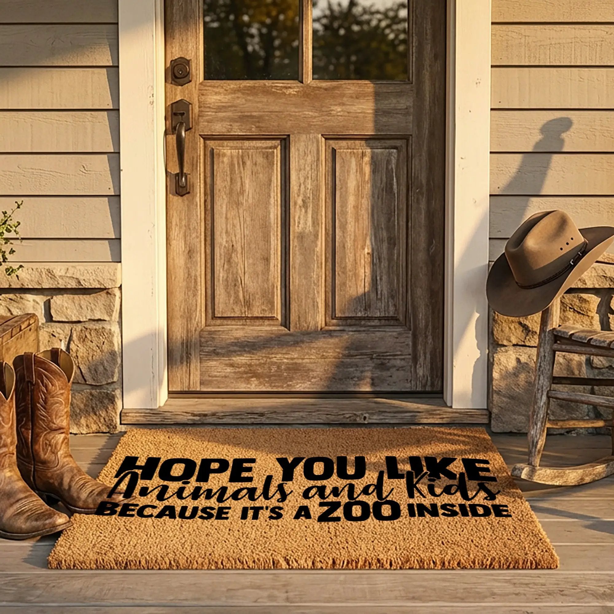 Funny Family Doormat – “Hope You Like Animals and Kids Because It’s a Zoo Inside” | Coir Welcome Mat for Busy Homes | Pet & Kid Lover Porch Décor
